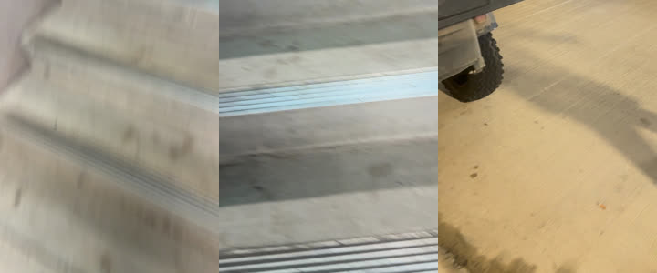 Three frames from the reference clip: concrete stairs and a garage floor